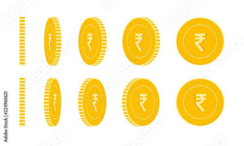Indian rupee coins set, animation ready. INR yellow coins rotation. India metal money in different p