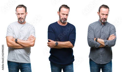 Collage of handsome senior hoary man standing over isolated background skeptic and nervous, disapproving expression on face with crossed arms. Negative person.