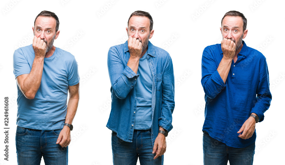 Collage of handsome senior hoary man standing wearing blue shirt over isolated background looking stressed and nervous with hands on mouth biting nails. Anxiety problem. Collage of handsome senior hoary man standing wearing blue shirt over isolated background looking stressed and nervous with hands on mouth biting nails. Anxiety problem.