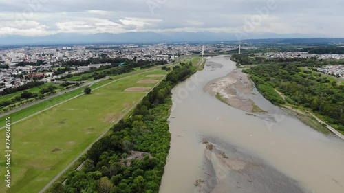 Aerial view of the river and city, Obihiro, Hokkaido, Japan photo