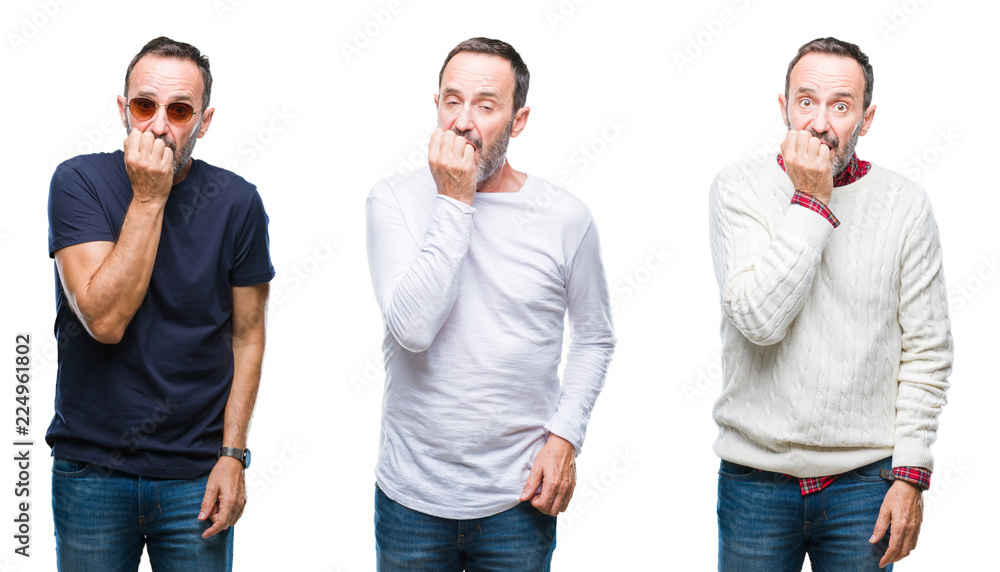 Collage of handsome senior hoary man standing over isolated background looking stressed and nervous with hands on mouth biting nails. Anxiety problem. Collage of handsome senior hoary man standing over isolated background looking stressed and nervous with hands on mouth biting nails. Anxiety problem.