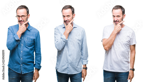 Collage of handsome senior hoary man standing over isolated background looking confident at the camera with smile with crossed arms and hand raised on chin. Thinking positive.