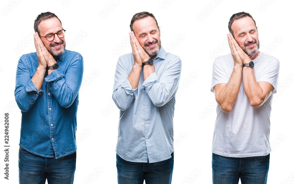Collage of handsome senior hoary man standing over isolated background sleeping tired dreaming and posing with hands together while smiling with closed eyes. Collage of handsome senior hoary man standing over isolated background sleeping tired dreaming and posing with hands together while smiling with closed eyes.
