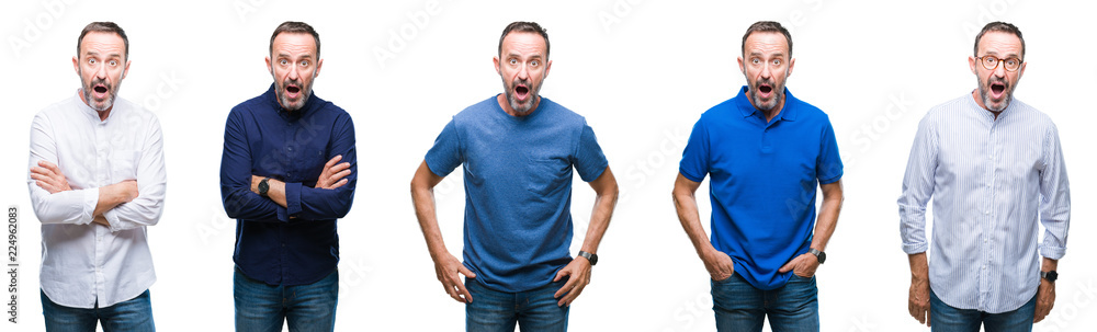 Collage of handsome senior hoary elegant business man standing over isolated background afraid and shocked with surprise expression, fear and excited face. Collage of handsome senior hoary elegant business man standing over isolated background afraid and shocked with surprise expression, fear and excited face.