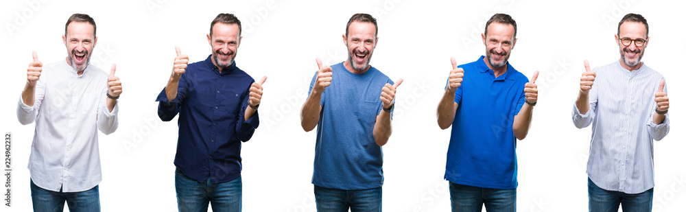 Collage of handsome senior hoary elegant business man standing over isolated background success sign doing positive gesture with hand, thumbs up smiling and happy. Looking at the camera Collage of handsome senior hoary elegant business man standing over isolated background success sign doing positive gesture with hand, thumbs up smiling and happy. Looking at the camera