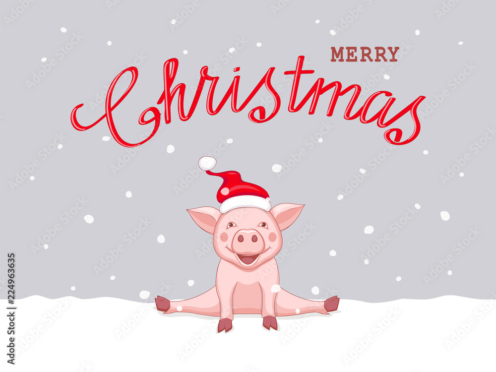christmas card with sitting pink piggy on the snow christmas card with sitting pink piggy on the snow