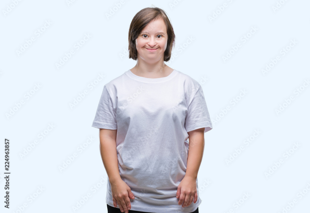 Young adult woman with down syndrome over isolated background with a happy and cool smile on face. Lucky person. Young adult woman with down syndrome over isolated background with a happy and cool smile on face. Lucky person.