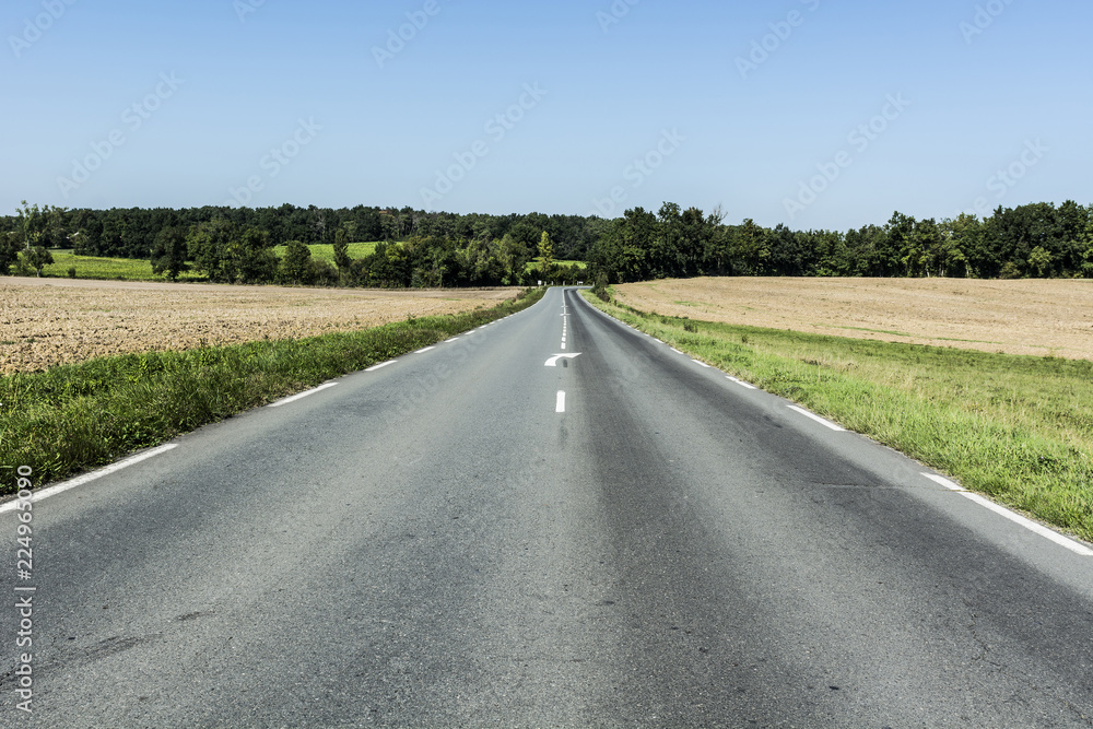 Asphalt road between fields
