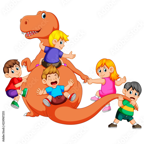 the children playing and holding the Tyrannosaurus Rex's body and pull his tail some of them holding his hand
