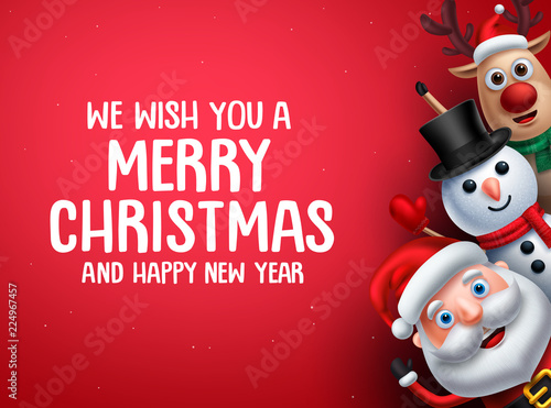 Christmas vector background template with christmas characters. Santa claus, snowman and reindeer waiving hands in red background. Vector illustration.
