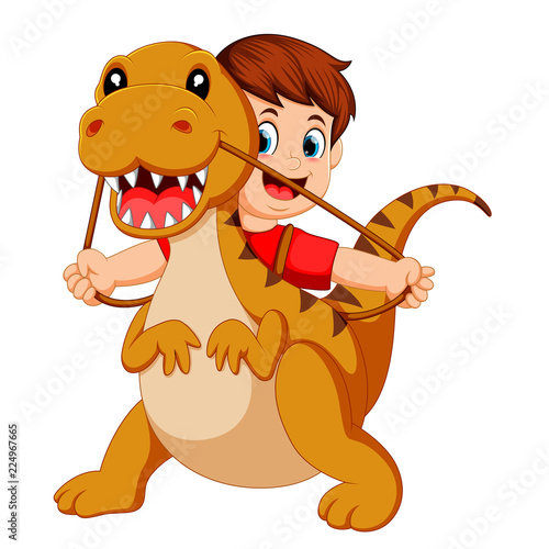 the boy with the red cloth using the Tyrannosaurus Rex costume and pull the rope   