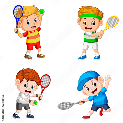 the collection of the boy action doing the tennis field with the good posing 
