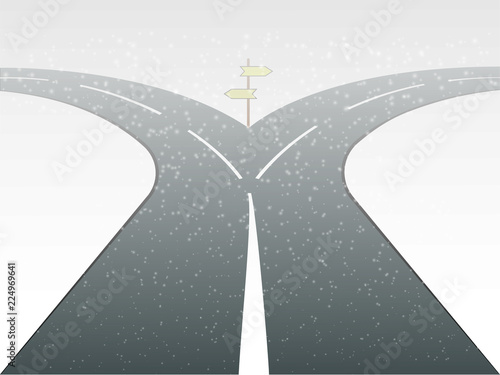 A two way highway roads with direction arrows in snowy weather vector illustration