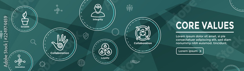 Core Values Web Header Banner image with Integrity, Mission, etc Icon Set