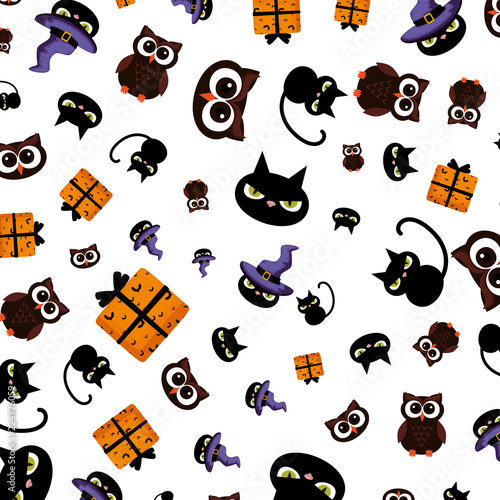 Fototapeta Naklejka Na Ścianę i Meble -  happy halloween giftboxes and cats pattern
