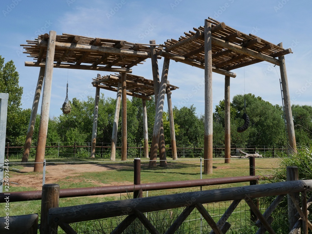 Tall wooden structures at an elephant habitat in a zoo Tall wooden structures at an elephant habitat in a zoo