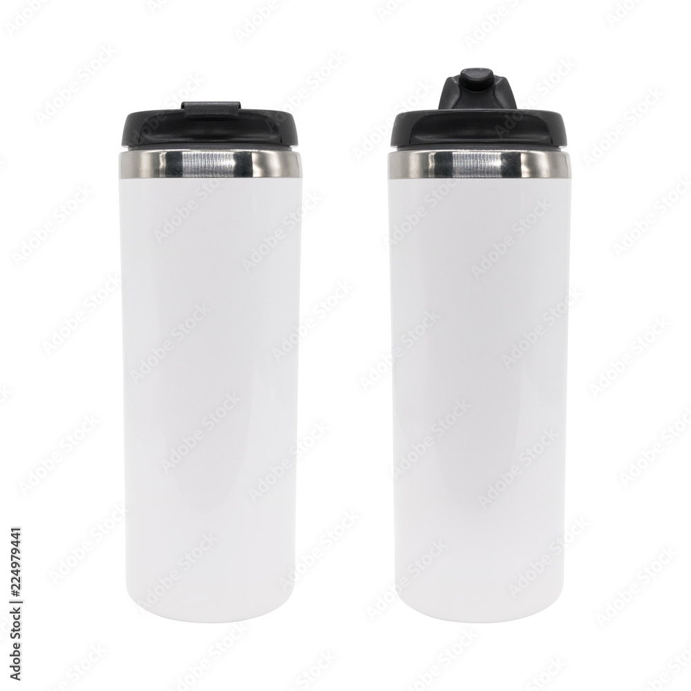 White steel bottle on isolated background with clipping path. Blank water container for reusable or your design. White steel bottle on isolated background with clipping path. Blank water container for reusable or your design.