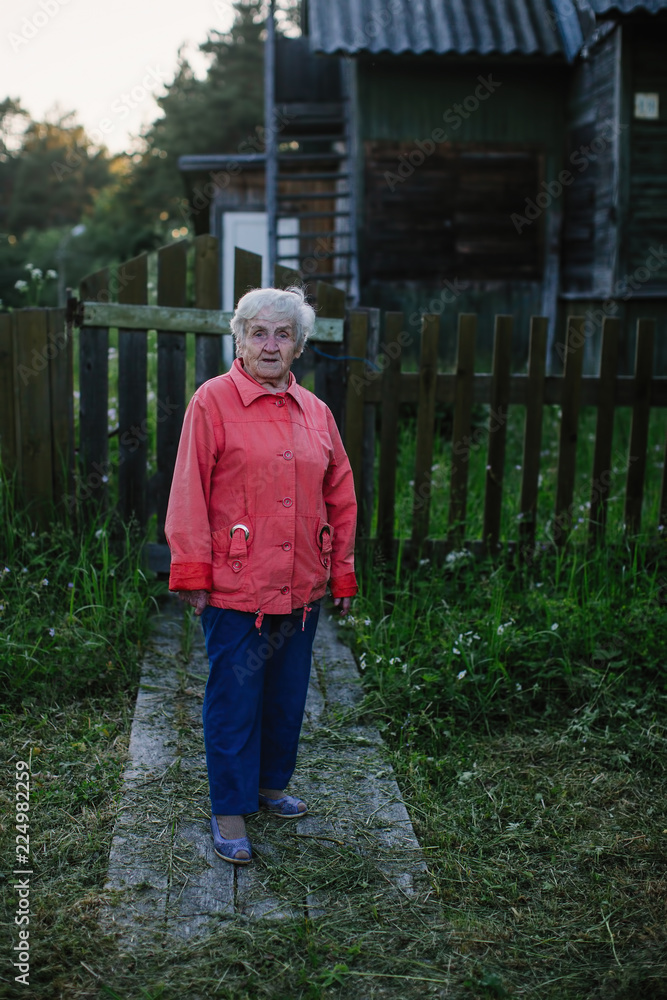 Obraz premium Elderly woman near her house in the village.