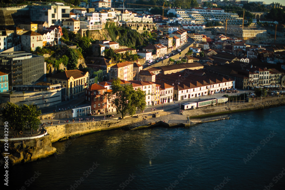 View of the Douro river and houses in the historic center of Porto, Portugal.