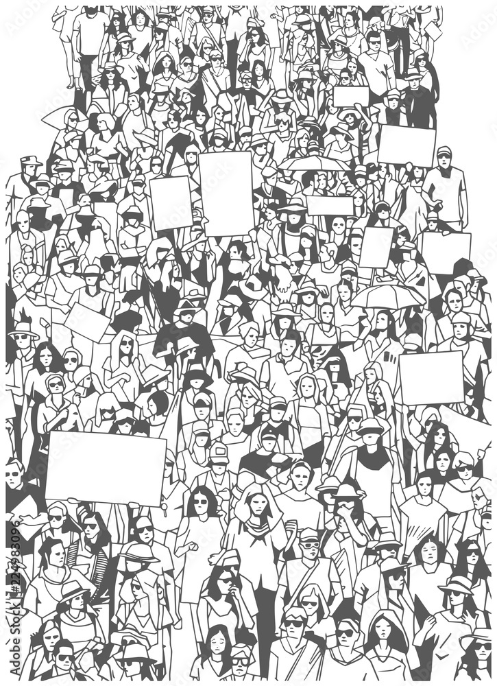 Illustration of large crowd protest demonstration with blank signs banners
