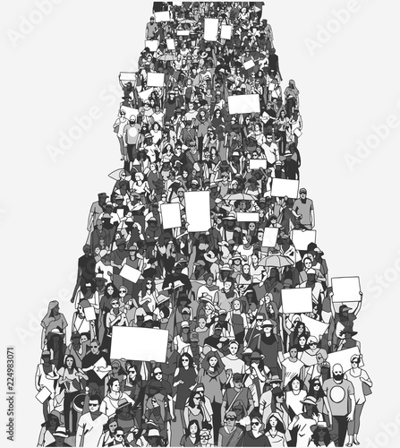 Illustration of large crowd protest demonstration with blank signs banners