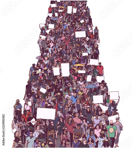 Illustration of large crowd protest demonstration with blank signs banners