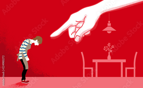 Housewife who is pointed by the huge hand - Domestic violence concept art