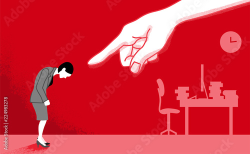 Businesswoman who is pointed by the huge hand - Power Harassment concept art