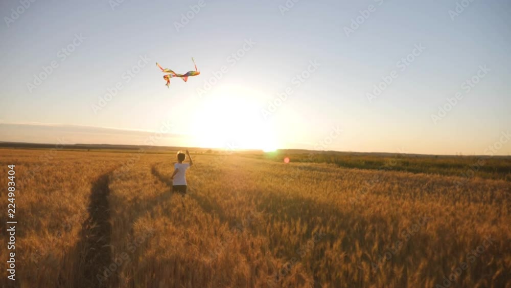 A boy runs across the field at sunset with a kite flying over his head. A chidhood dream. Kids Games A boy runs across the field at sunset with a kite flying over his head. A chidhood dream. Kids Games