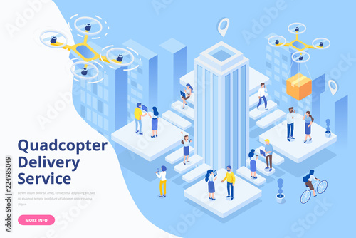 Quadcopter delivery service concept. Modern flat design. 3d vector isometric illustration.