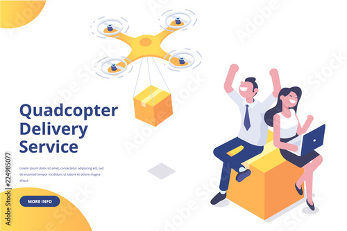 Quadcopter delivery service concept. Modern flat design. 3d vector isometric illustration.