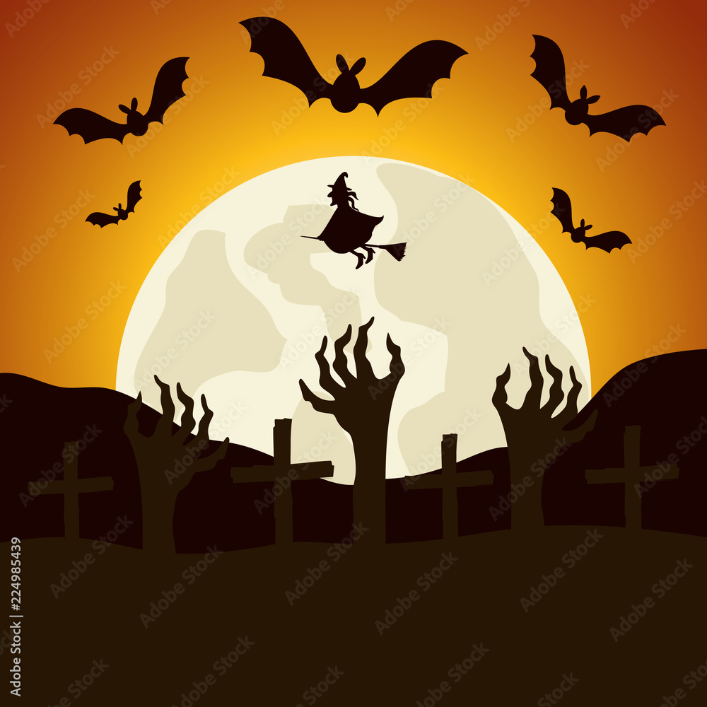 halloween night cemetery with sombie hands scene