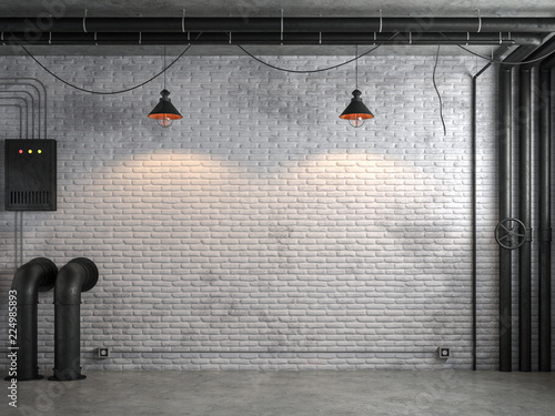 Fototapeta Naklejka Na Ścianę i Meble -  Industrial loft style empty room with white brick wall 3d render,There are white brick wall and polished concrete floor decorate with black steel tube.