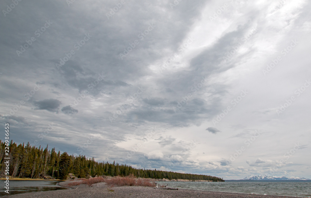 Narrow gravel beach called Hard Road to Follow on the banks of Yellowstone Lake in Yellowstone National Park in Wyoming United States