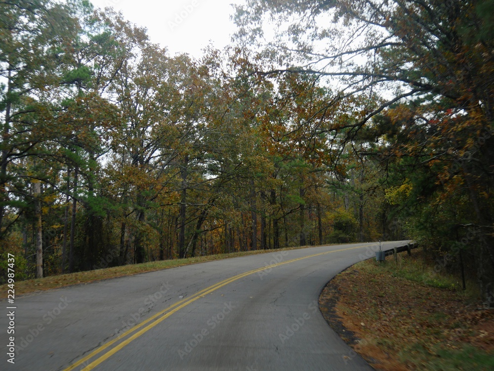 Twisting road at Beaver’s Bend State Park with the leaves of the trees in full autumn colors