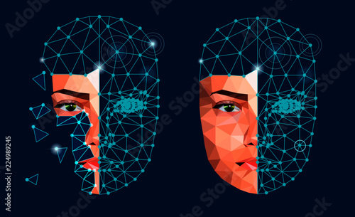 Face Recognition Biometric Scanning System Concept Abstract Tech background Low Polygon Human Face Scanning Blue Template Background Vector Illustration