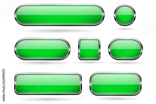 Green glass buttons with chrome frame. 3d icons