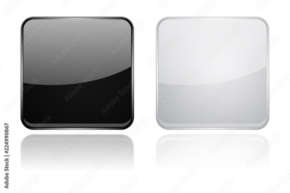Square glass buttons. Black and white 3d icons Square glass buttons. Black and white 3d icons