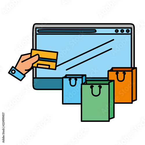 computer with credit card and shopping bags