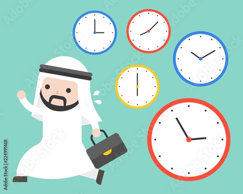 Arab businessman running in rush hours and clocks