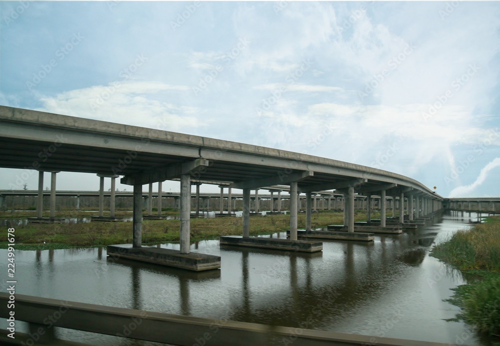 Long bridges and overpass roads over the swamps in Louisiana approaching New Orleans  