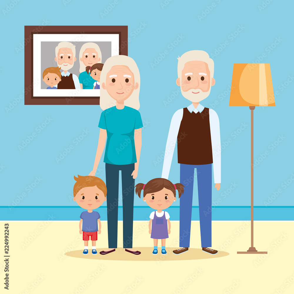grandparents with grandson and granddaughter in house grandparents with grandson and granddaughter in house