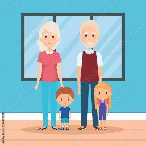 grandparents with grandson and granddaughter in house