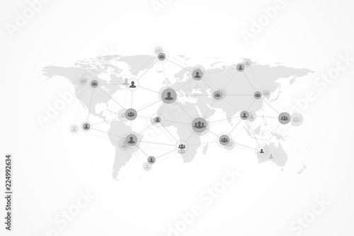 Social media network and marketing concept on World Map background. Global business concept and internet technology, Analytical networks. Vector illustration
