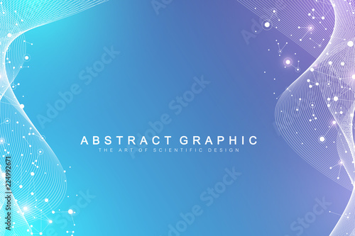 Scientific vector illustration genetic engineering and gene manipulation concept. DNA helix, DNA strand, molecule or atom, neurons. Abstract structure for Science or medical background. Wave flow