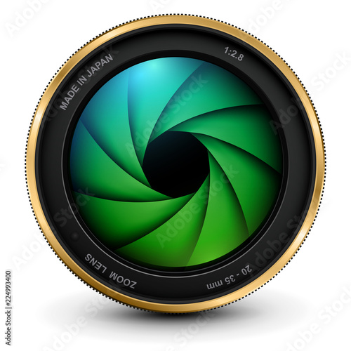 Camera photo lens with shutter, vector icon.