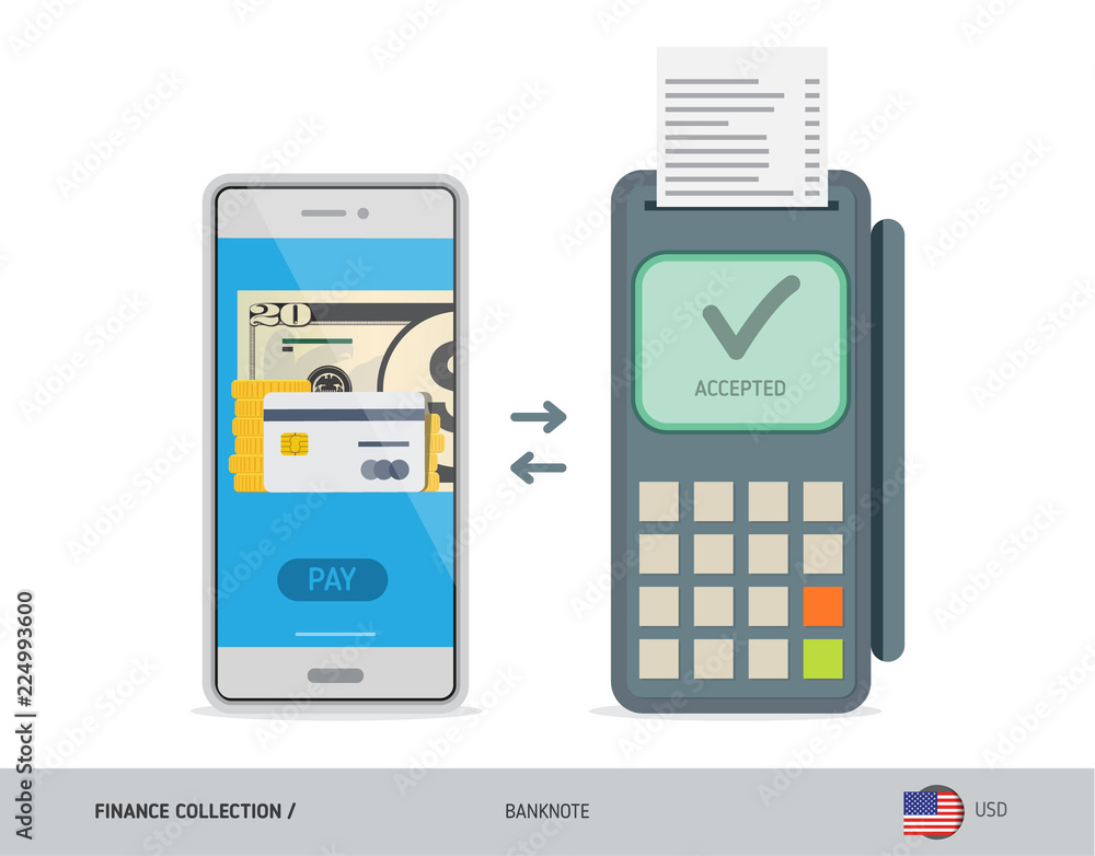 POS Terminal with 20 US Dollar Banknote. Flat style vector illustration. Finance concept. POS Terminal with 20 US Dollar Banknote. Flat style vector illustration. Finance concept.