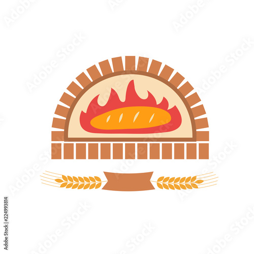 Vector illustration of baking bread in brick oven. Ribbon banner