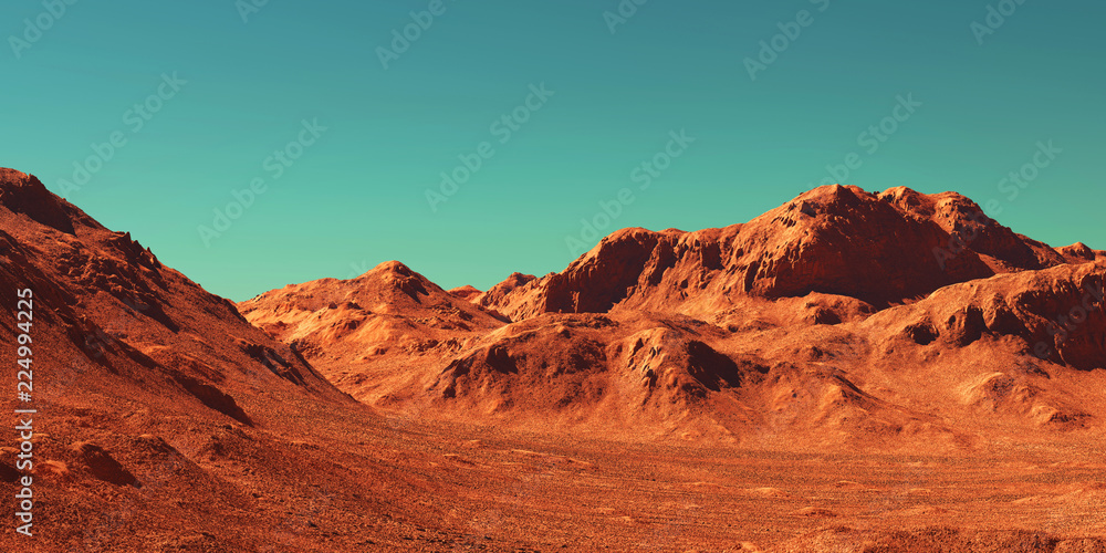 Naklejka premium Mars krajobraz, 3d odpłaca się imaginacyjny mars planety teren, nauki fikci ilustracja.