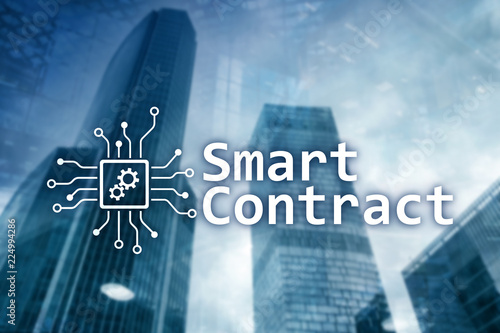 Smart contract, blockchain technology in business, finance hi-tech concept. Skyscrapers background.